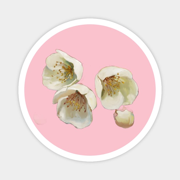 Watercolor Painting of Three White Flowers with Yellow and Green Centers, Accompanied by Two Smaller Buds Magnet by animegirlnft